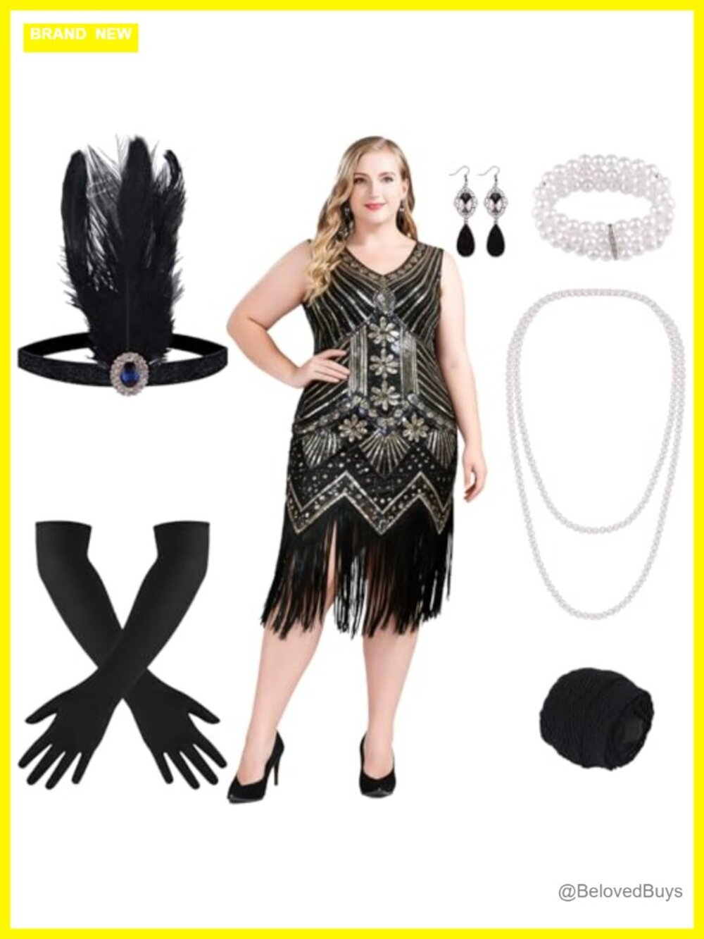 1920s V Neck Sequin Flapper Dress with Accessories Set